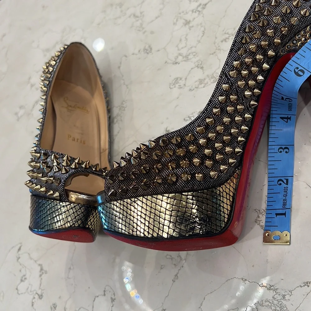 Rare Christian Louboutin Lady Peep Spikes Hematite/Bronze Strass 37.5 - Picture 15 of 15